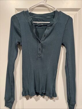 aerie Ribbed Henley Long Sleeve Top - Slate Blue